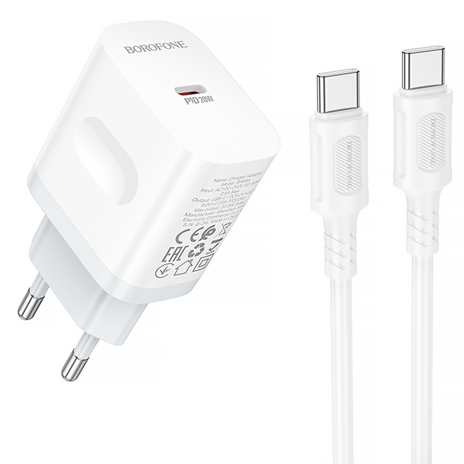 СЗУ Borofone BA99A Breeze PD20W (1USB-C) + кабель Type-C to Type-C (White)