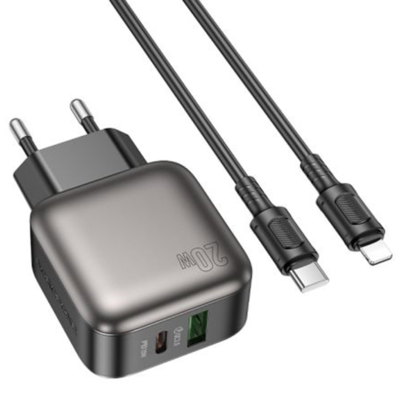 СЗУ Borofone BAS54A Absolute PD20W+QC3.0 (1USB-A/1C) + кабель Type-C to Lightning (Black)