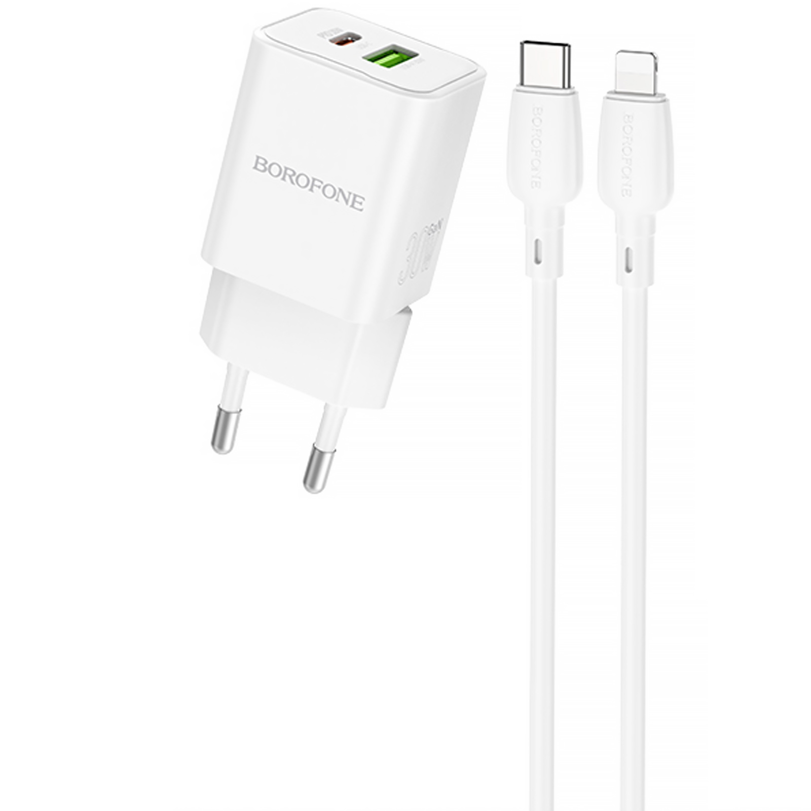 СЗУ Borofone BN14 Royal PD30W+QC3.0 (1USB-A/1C) + кабель Type-C to Lightning (White)