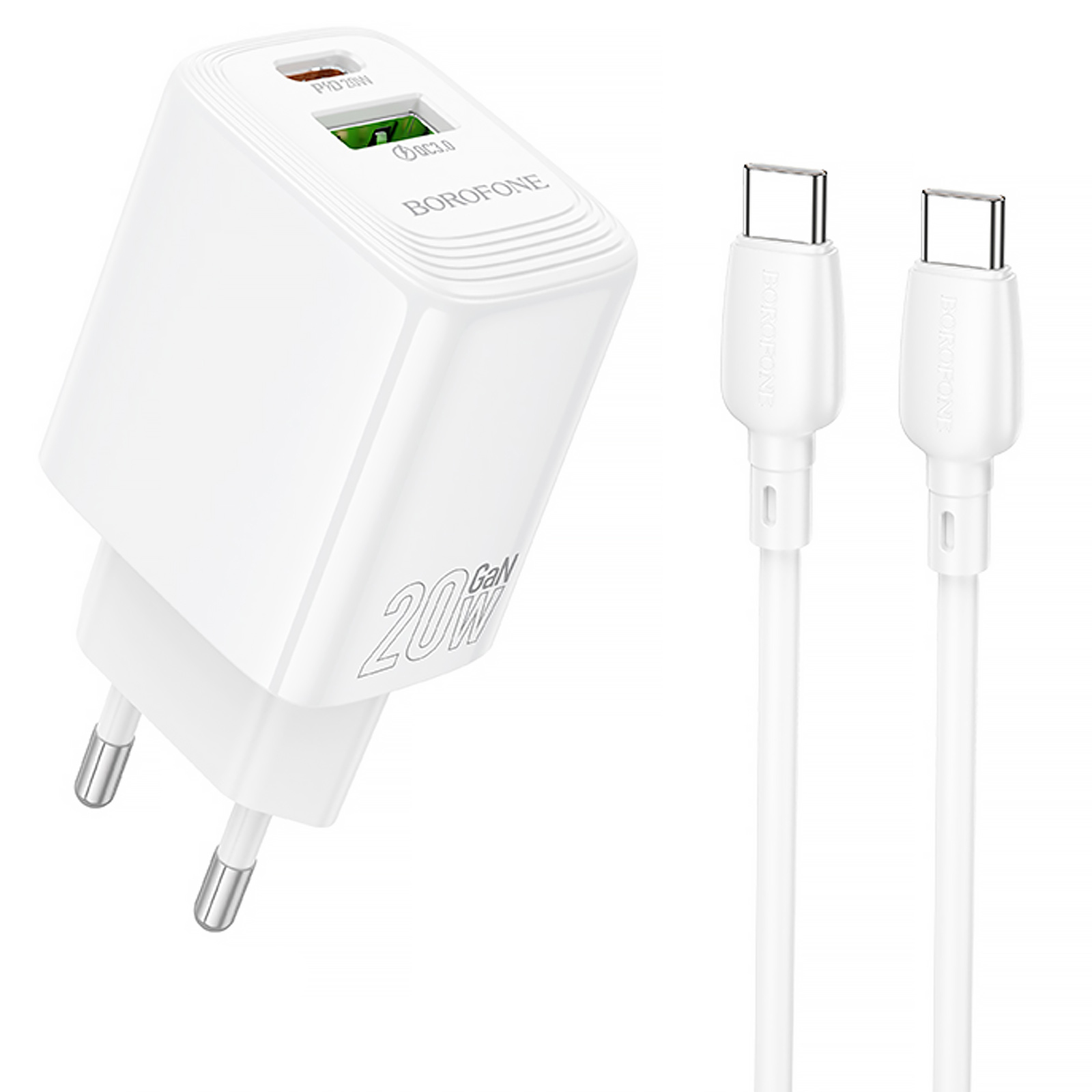 СЗУ Borofone BN27 Fuente PD20W+QC3.0 (1USB-A/1C) + кабель Type-C to Type-C (White)