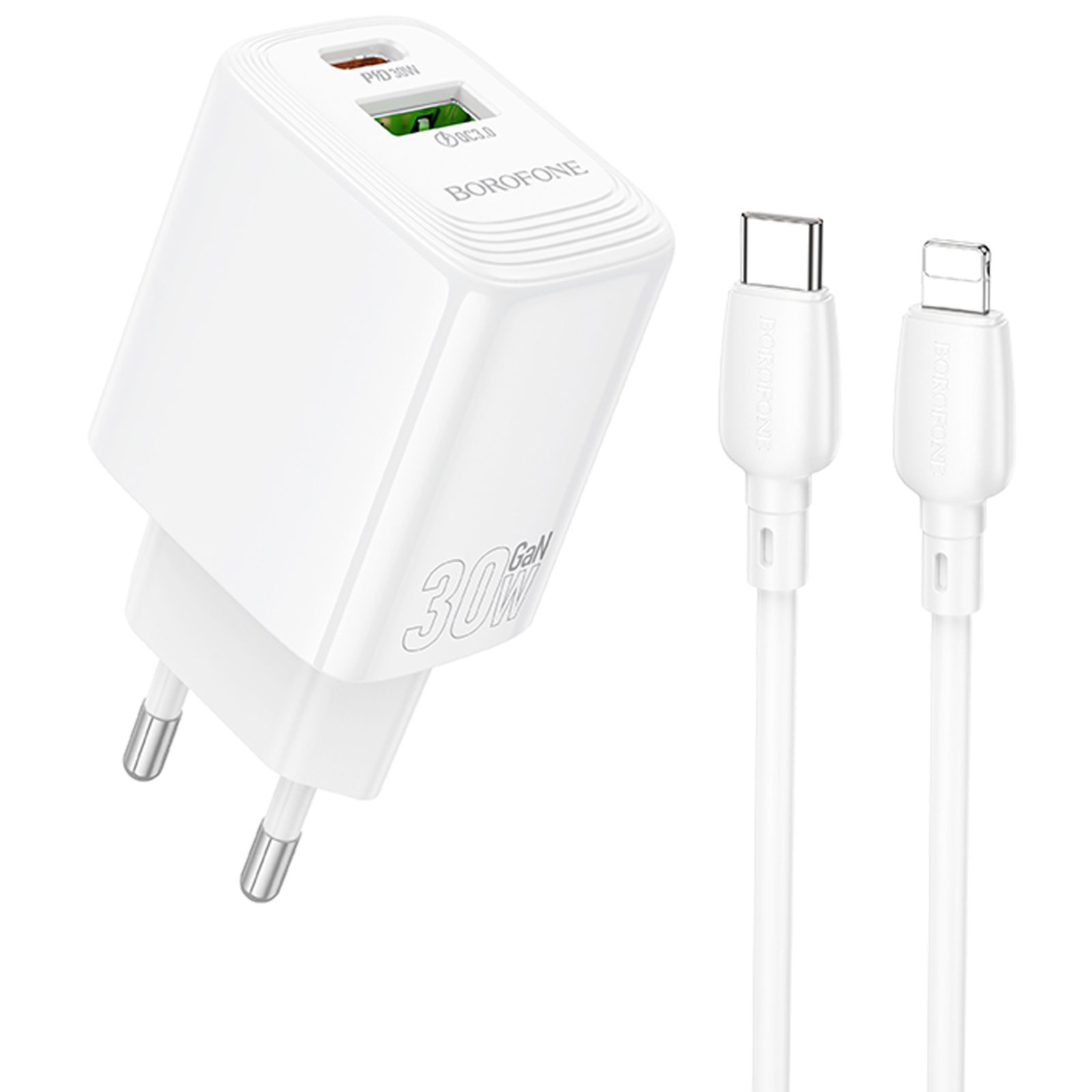 СЗУ Borofone BN29 Fuente PD30W+QC3.0 (1USB-A/1C) + кабель Type-C to Lightning (White)