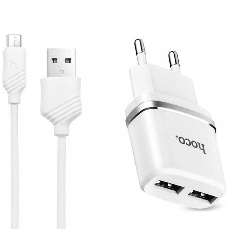СЗУ Hoco C12 Charger + Cable (Micro) 2.4A 2USB (Белый)