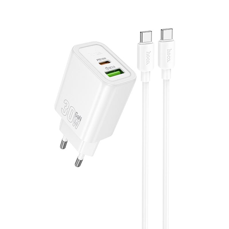 СЗУ Hoco N63 Gentle PD30W+QC3.0 (1USB-A/1C) + кабель Type-C to Type-C (White)