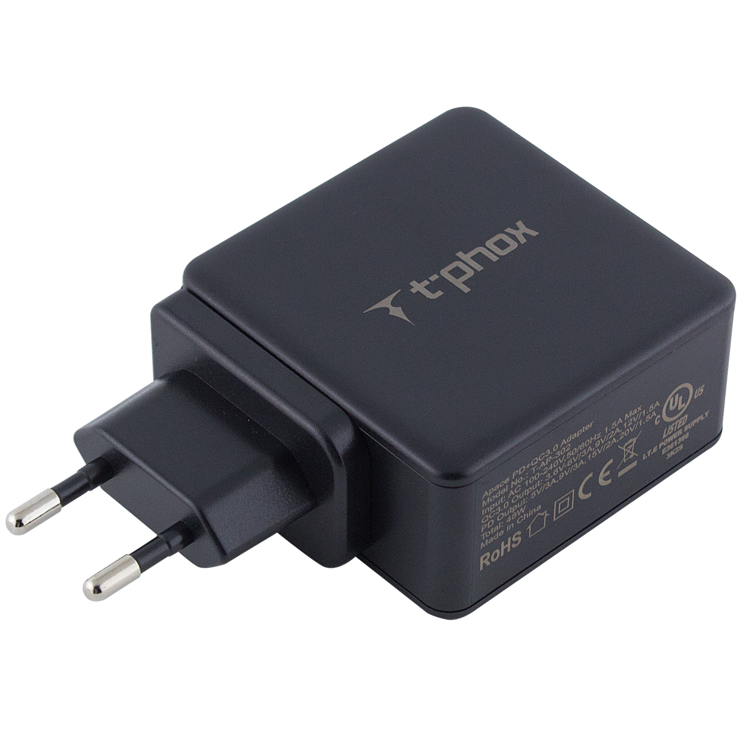 СЗУ PD адаптер T-phox (48W: PD 30W + USB QuickCharge QC 3.0 18W) (Черный)