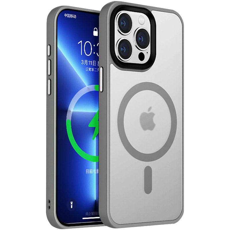 TPU+PC чохол Metal Buttons with MagSafe Colorful для Apple iPhone 15 Pro Max (6.7") (Сірий)