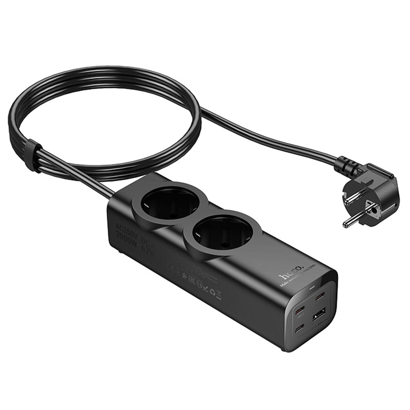 Удлинитель Hoco NS10 Wisdom 2-position PD67W (1USB-A/3C/2Socket) (2m) (Black)
