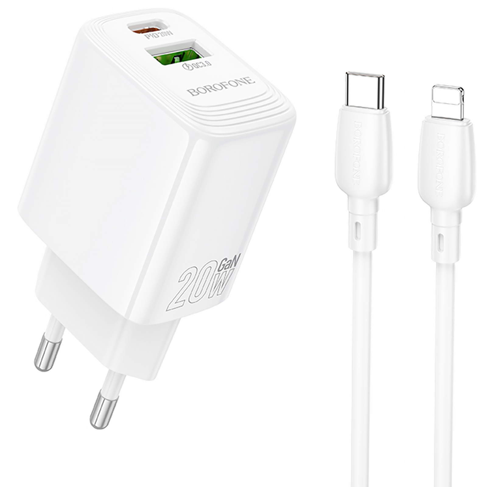 СЗУ Borofone BN27 Fuente PD20W+QC3.0 (1USB-A/1C) + кабель Type-C to Lightning (White)