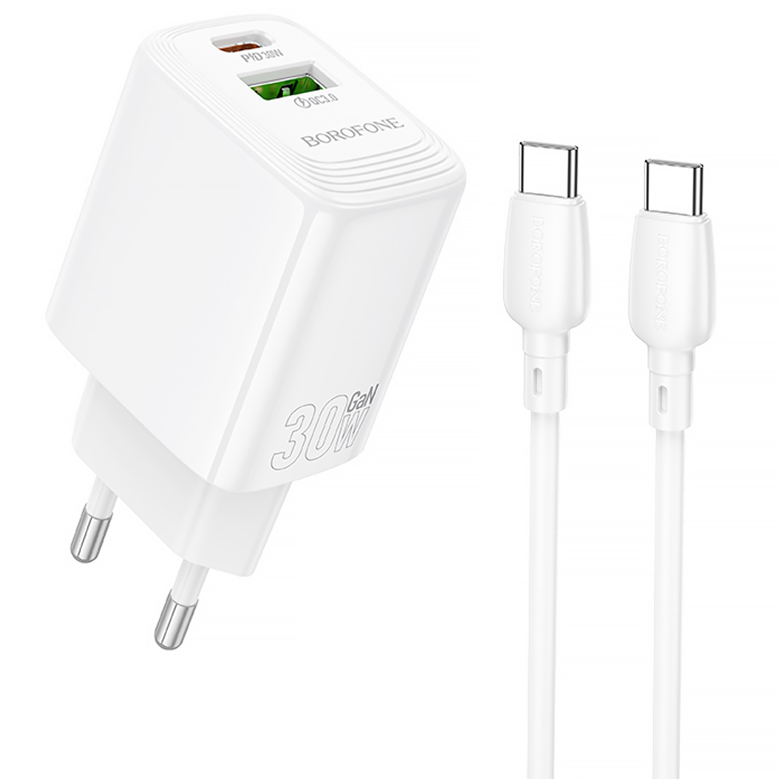 СЗУ Borofone BN29 Fuente PD30W+QC3.0 (1USB-A/1C) + кабель Type-C to Type-C (White)