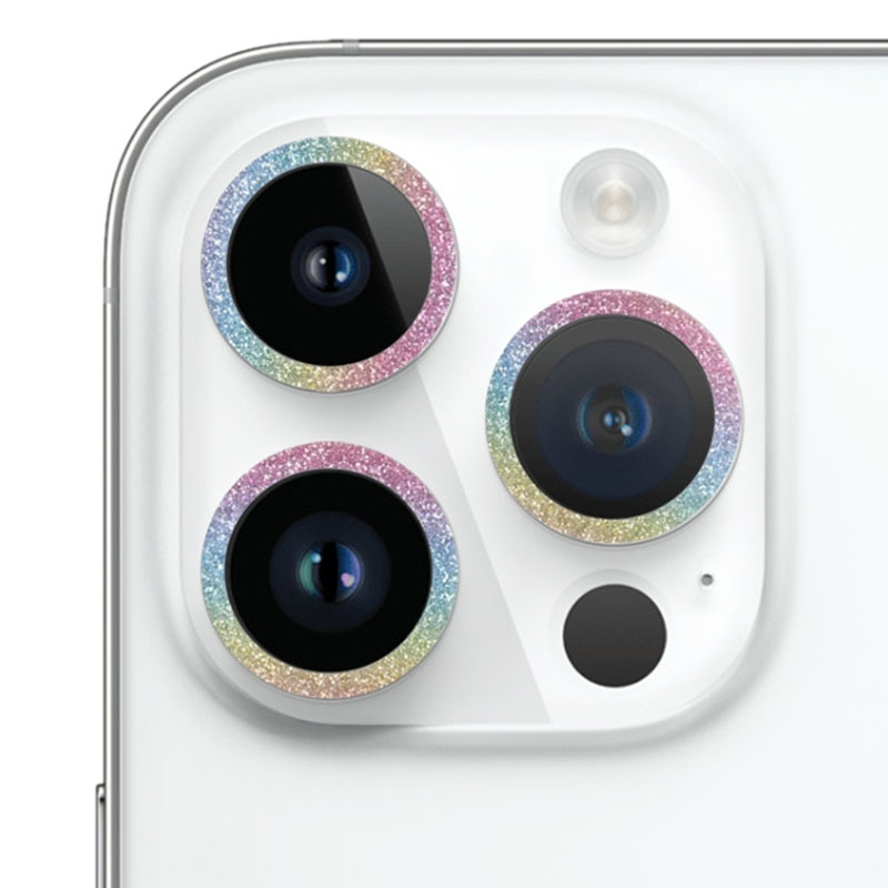 Защитное стекло Metal Sparkles на камеру (в упак.) для Apple iPhone 15 Pro (6.1") /15 Pro Max (6.7") (Сиреневый / Rainbow)